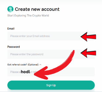 Sign-up form showing fields for email, password, and an optional referral code with the code 'hodl' entered.