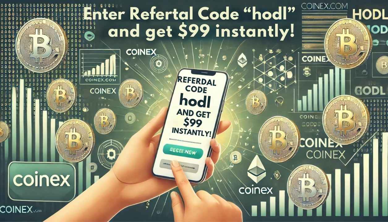 A promotional banner for CoinEx.com featuring a modern design. A person is shown entering the referral code 'hodl' in lowercase letters on a smartphone or computer screen. The text prominently reads, 'Enter referral code hodl and get $99 instantly!' The background includes subtle cryptocurrency-themed visuals, such as coins, graphs, and digital patterns, with the CoinEx logo incorporated. The color scheme features green, gold, and white for a clean and professional look.